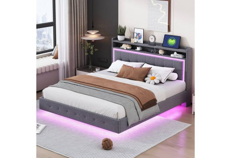 Gotagee Polsterbett Doppelbett Jugendbett Flachbett mit USB-Steckdose Leinen Gästebett, verstecktes Fußdesign von Gotagee