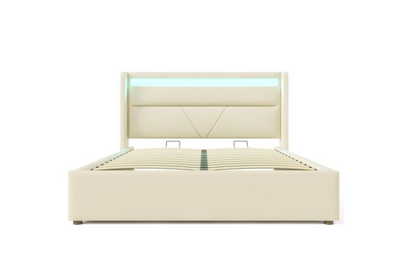 Gotagee Polsterbett Doppelbett Jugendbett Flaches Bett Hydraulisch LED+Stauraum Weiß/Grau, Mit Fernbedienung von Gotagee