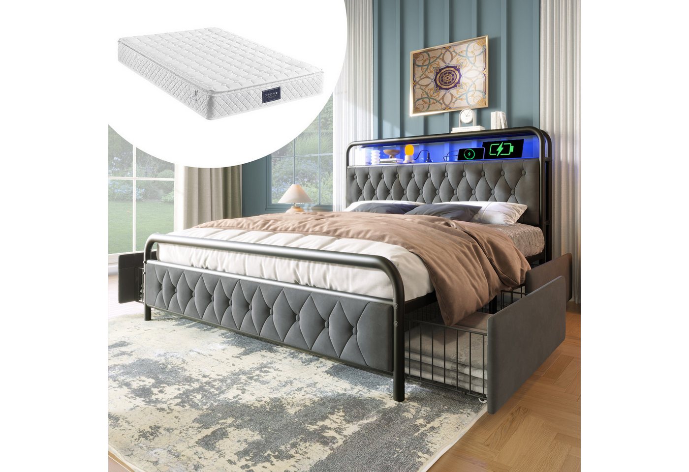 Gotagee Polsterbett Doppelbett Metallbett Jugendbett Multifunktionsbett Flaches Bett, Mit Matratze, mit aufladen USB Type C Ladefunktion, APP-Kontroll LED Gotagee Polsterbett Doppelbett Metallbett Jugendbett Multifunktionsbett Flaches Bett, Mit Matratze, mit aufladen USB Type C Ladefunktion, APP-Kontroll LED von Gotagee