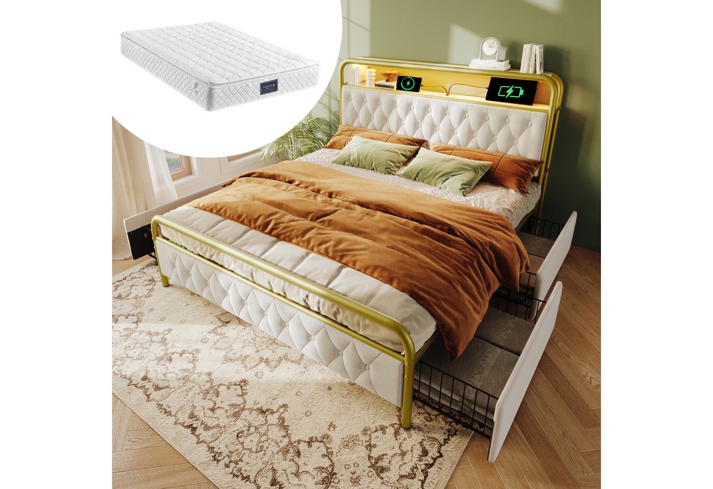 Gotagee Polsterbett Doppelbett Metallbett Jugendbett Multifunktionsbett Flaches Bett, Mit Matratze, mit aufladen USB Type C Ladefunktion, APP-Kontroll LED von Gotagee