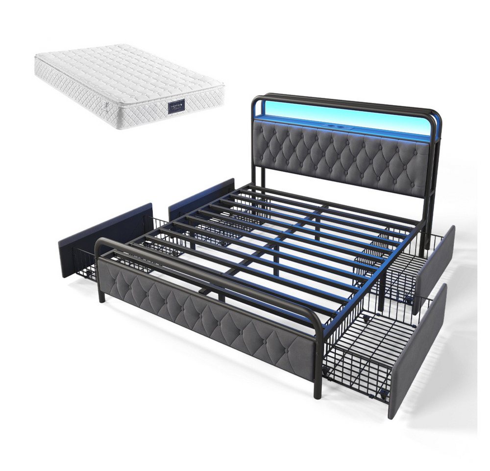 Gotagee Polsterbett Doppelbett Metallbett Jugendbett Multifunktionsbett Flaches Bett, mit aufladen USB Type C Ladefunktion von Gotagee