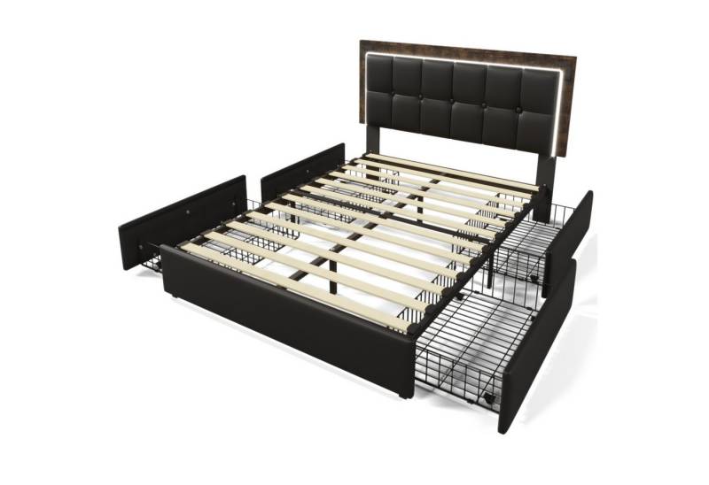 Gotagee Polsterbett Doppelbett Polsterbett LED Funktionsbett Stauraum Jugendbett Schwarz von Gotagee