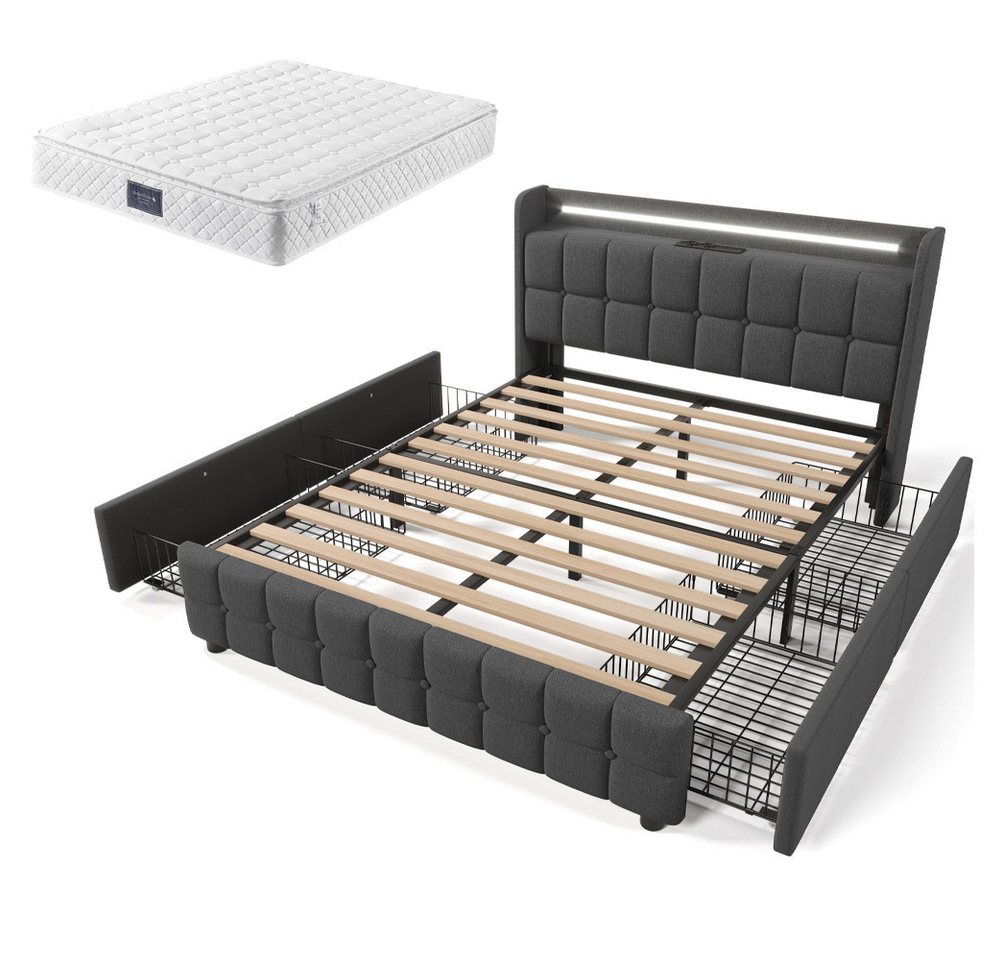 Gotagee Polsterbett Doppelbett Stauraumbett Multifunktionsbett Jugendbett flaches Bett, Mit Matratze, 160x200cm, LED, USB Gotagee Polsterbett Doppelbett Stauraumbett Multifunktionsbett Jugendbett flaches Bett, Mit Matratze, 160x200cm, LED, USB von Gotagee