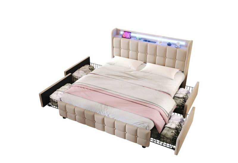 Gotagee Polsterbett Bett Stauraum Multifunktionsbett Jugendbett Flachbett Doppelbett (Mit Matratze 140x200cm USB LED) von Gotagee