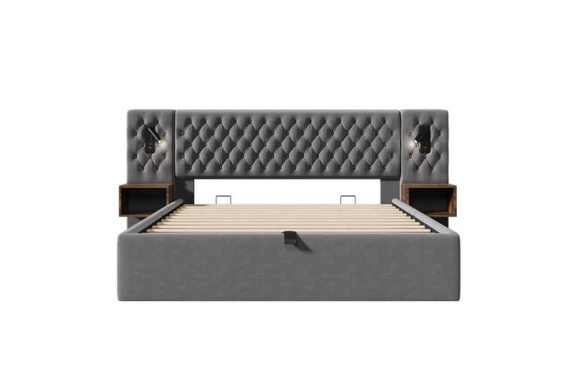 Gotagee Polsterbett Doppelbett Stauraumbett mit 2 Nachttisch Jugendbett mit USB 180x200cm, mit 2 Nachttischen, Kopfteil Leselicht mit USB Ladefunktion von Gotagee