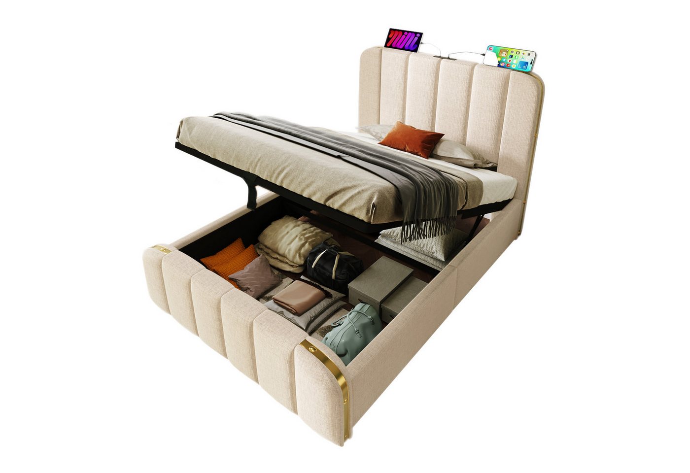 Gotagee Polsterbett Einzelbett Beige Leinen Hydraulisches Lagerbett 90X200cm USB Typ-C von Gotagee