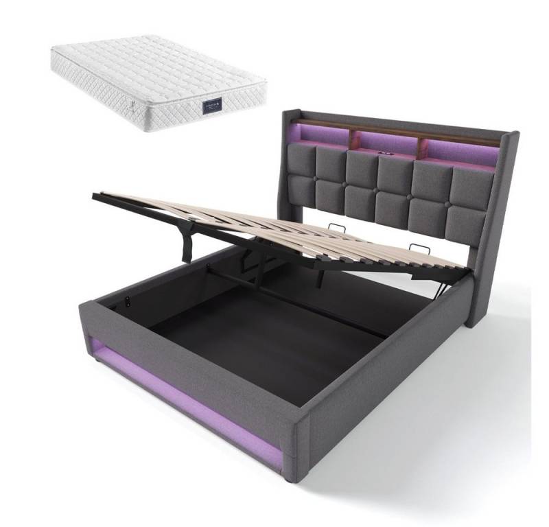 Gotagee Polsterbett Einzelbett Jugendbett 140x200cm USB Mit Matratze Lattenrost Leinen, Zwei Farben verfügbar von Gotagee