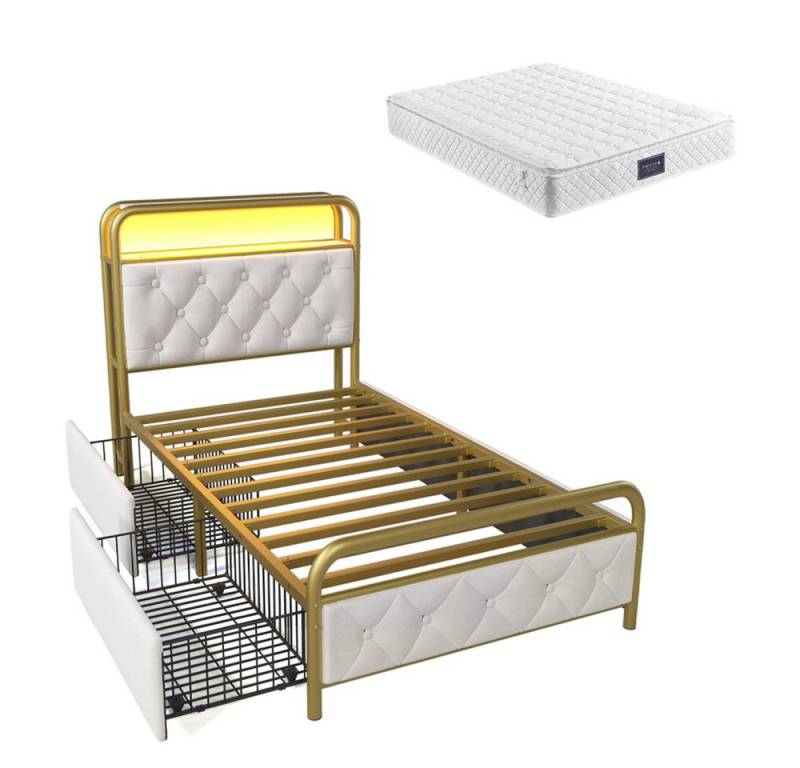 Gotagee Polsterbett Einzelbett Metallbett Jugendbett Funktionsbett mit Matratze 90x200 cm, mit USB Typ C Ladefunktion, APP-Kontroll LED von Gotagee