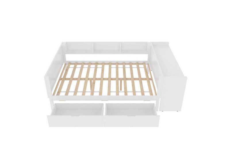Gotagee Polsterbett Flachbett Massivholzbett 140x200cm Doppelbett Kiefernholz + Spanplatte, mit Schreibtisch, ausgestattet mit 2 Schubladen. von Gotagee
