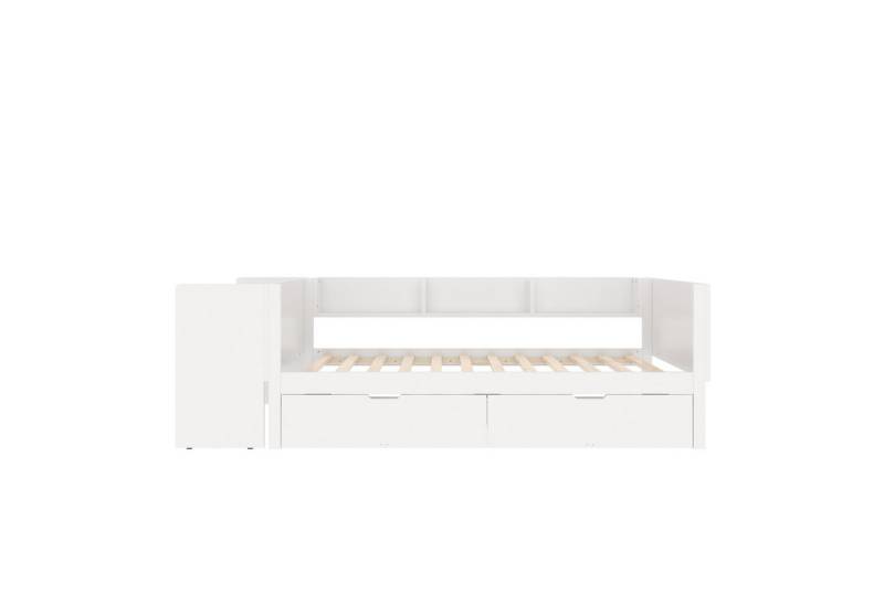 Gotagee Polsterbett Flachbett Massivholzbett 90x200cm Doppelbett Kiefernholz + Spanplatte, mit Schreibtisch, ausgestattet mit 2 Schubladen. von Gotagee