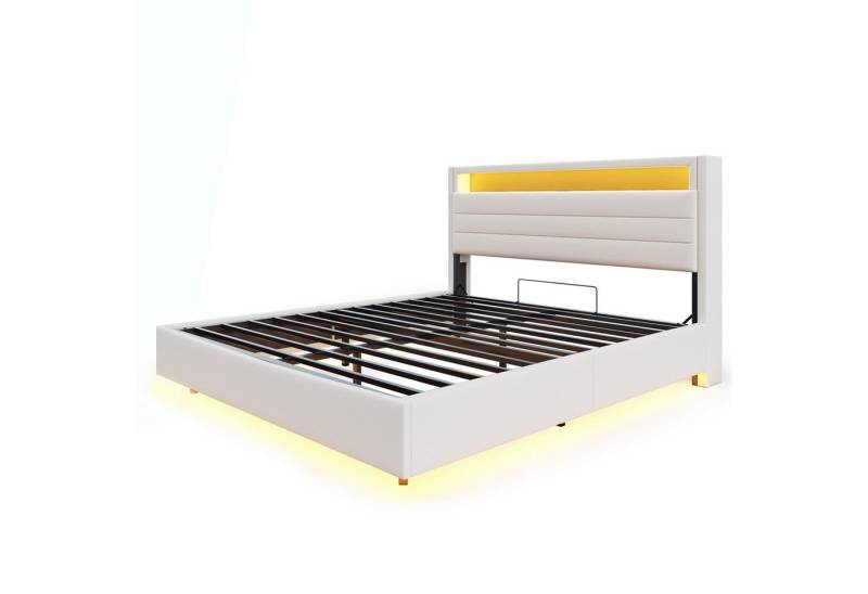 Gotagee Polsterbett Jugendbett Einzelbett 140x200cm Erwachsenenbett, Gästebett mit LED, mit USB-Steckdose und LED-Licht von Gotagee