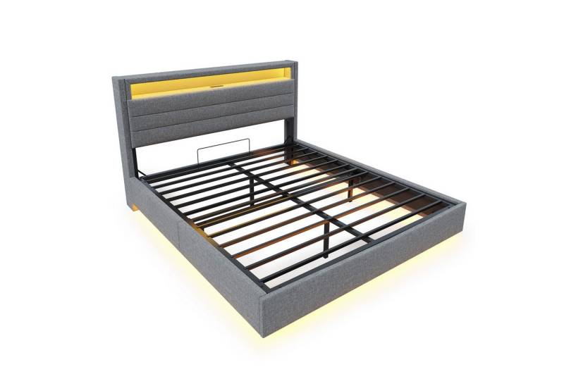 Gotagee Polsterbett Jugendbett Einzelbett 160x200cm Erwachsenenbett, Gästebett mit LED, mit USB-Steckdose und LED-Licht von Gotagee