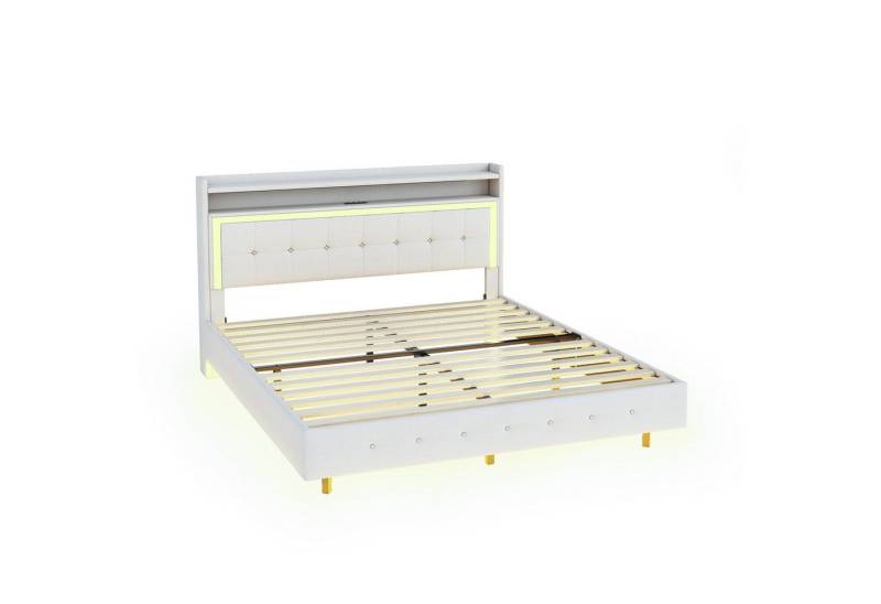 Gotagee Polsterbett Jugendbett LED Doppelbett mit USB-Steckdose Gästebett flaches Bett, Doppelflachbett, Leinenstoff von Gotagee