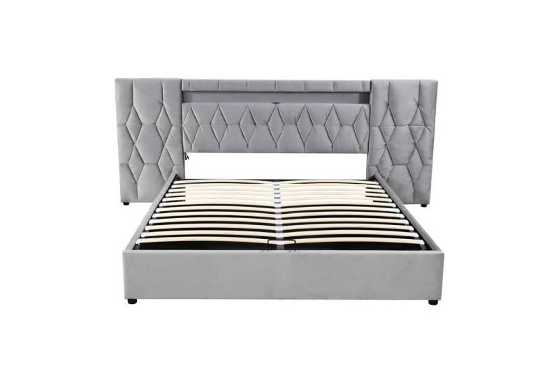 Gotagee Polsterbett Kinderbett 180x200cm Samt Bett mit USB-Steckdose Jugendbett Flachbett, Samtbett mit LED und USB-Steckdose von Gotagee