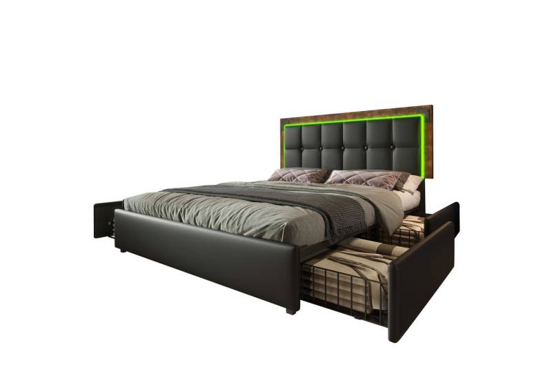 Gotagee Polsterbett LED Funktionsbett Doppelbett Polsterbett Stauraum Jugendbett Schwarz von Gotagee