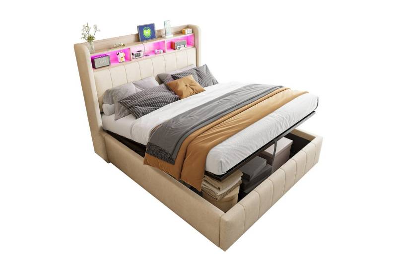 Gotagee Polsterbett LED Jugendbett 140x200cm Stauraumbett Gästebett Leinenstoff Einzelbett, Kopfteil mit Einlegeböden und Stauraum von Gotagee