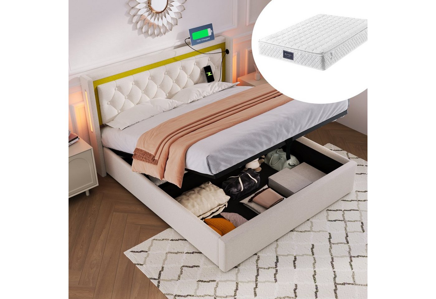 Gotagee Polsterbett LED Polsterbett mit USB Type-C Bett Stauraumbett 140x200cm Doppelbett, Bettgestell aus Baumwolle von Gotagee