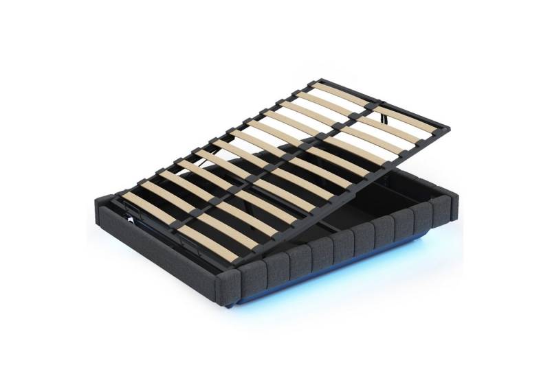 Gotagee Polsterbett Massivholzbett 140x200cm mit LED Licht Doppelbett Erwachsenenbett, Hydraulischer Schwebebettrahmen mit Stauraum von Gotagee