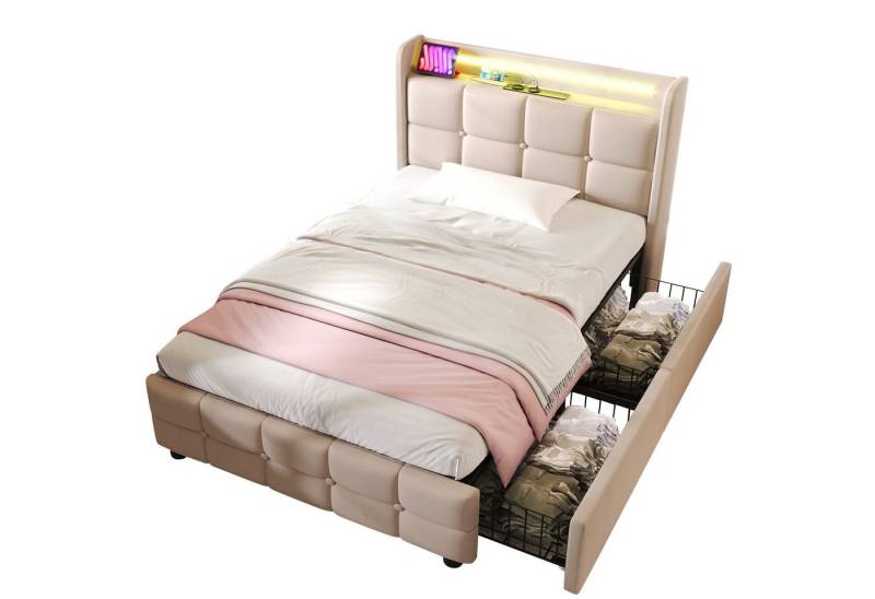 Gotagee Polsterbett Multifunktionale Bettaufbewahrung Jugendbett Flachbett Doppelbett, Mit Matratze LED-Beleuchtung 90x200cm LED Ladefunktion von Gotagee