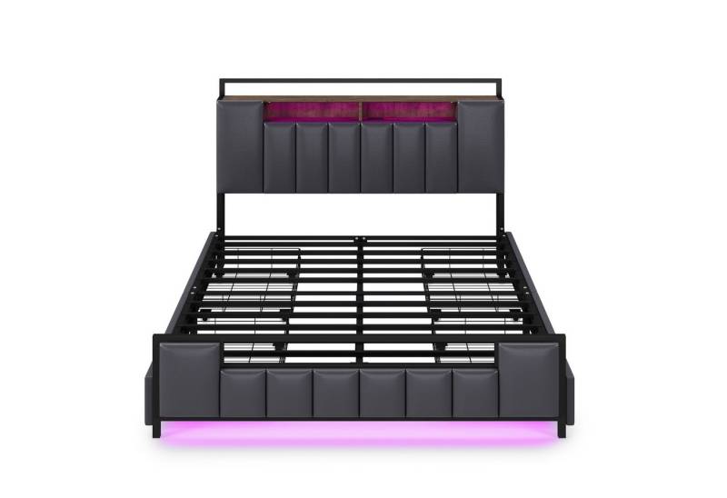 Gotagee Polsterbett Multifunktionsbett LED Jugendbett flaches Bett Doppelbett 140x200cm, mit UsB-Steckdose, mit Schubladen Bettgestell aus massivem Eisen von Gotagee