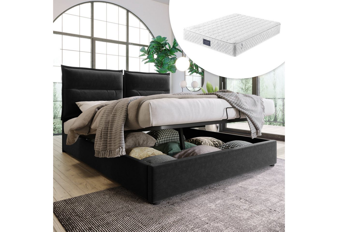 Gotagee Polsterbett Polsterbett Doppelbett 140x200 Bettgestell Stauraum Jugendbett Schwarz, Verstellbares Kopfteil von Gotagee