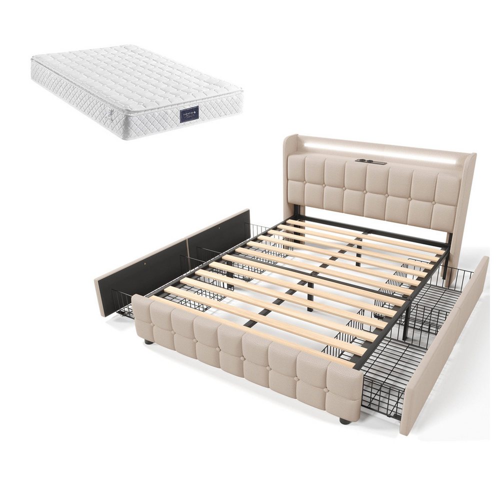 Gotagee Polsterbett Doppelbett Stauraumbett Multifunktionsbett Jugendbett flaches Bett, Mit Matratze, 140x200cm, USB Ladefunktion, LED Gotagee Polsterbett Doppelbett Stauraumbett Multifunktionsbett Jugendbett flaches Bett, Mit Matratze, 140x200cm, USB Ladefunktion, LED von Gotagee