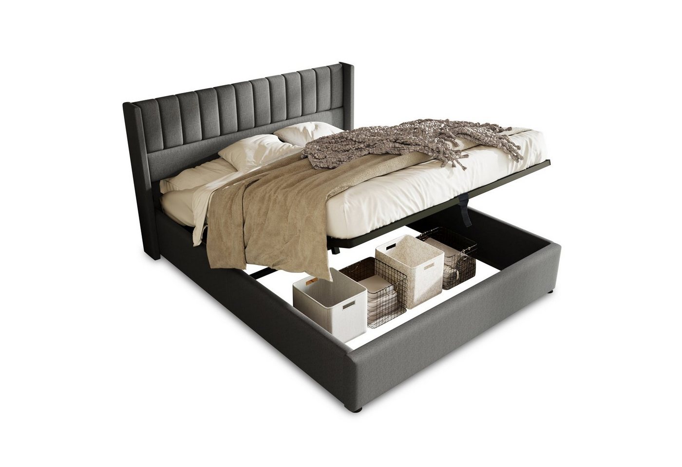 Gotagee Polsterbett Polsterbett Doppelbett mit Stauraum+Lattenrost Leinen Beige/Grau, Stauraum unter dem Bett von Gotagee