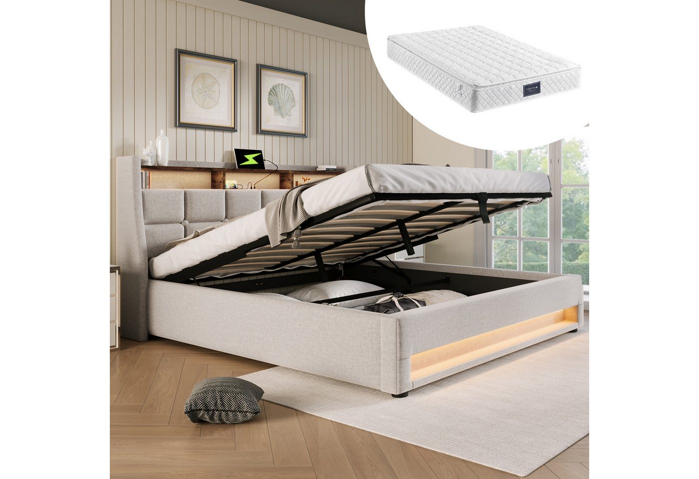 Gotagee Polsterbett Jugendbett Doppelbett Stauraumbett Multifunktionsbett flaches Bett, mit USB, 160x200cm, LED, Mit Matratze Gotagee Polsterbett Jugendbett Doppelbett Stauraumbett Multifunktionsbett flaches Bett, mit USB, 160x200cm, LED, Mit Matratze von Gotagee