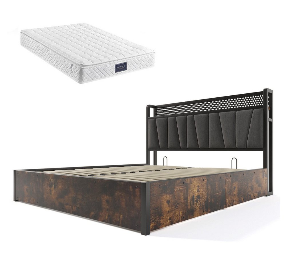 Gotagee Polsterbett Metallbett Doppelbett Multifunktionsbett Jugendbett Flaches Bett, mit Matratze, LED App-Control, USB Ladefunktion von Gotagee