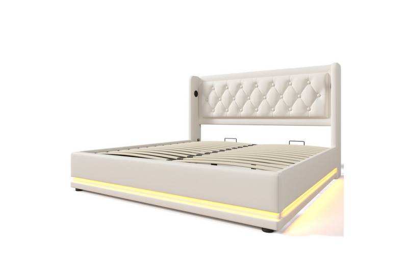 Gotagee Polsterbett Jugendbett Stauraumbett LED Weiß Flaches Bett Doppelbett Einzelbett von Gotagee