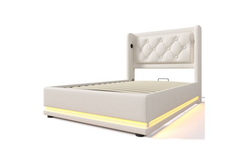 Gotagee Polsterbett Jugendbett Stauraumbett LED Weiß Flaches Bett Doppelbett Einzelbett von Gotagee