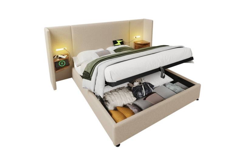 Gotagee Polsterbett Stauraumbett 160x200cm Mit Matratze Leselampe Jugendbett Doppelbett, Bettgestell mit Lattenrost aus Massivholz und Metall von Gotagee