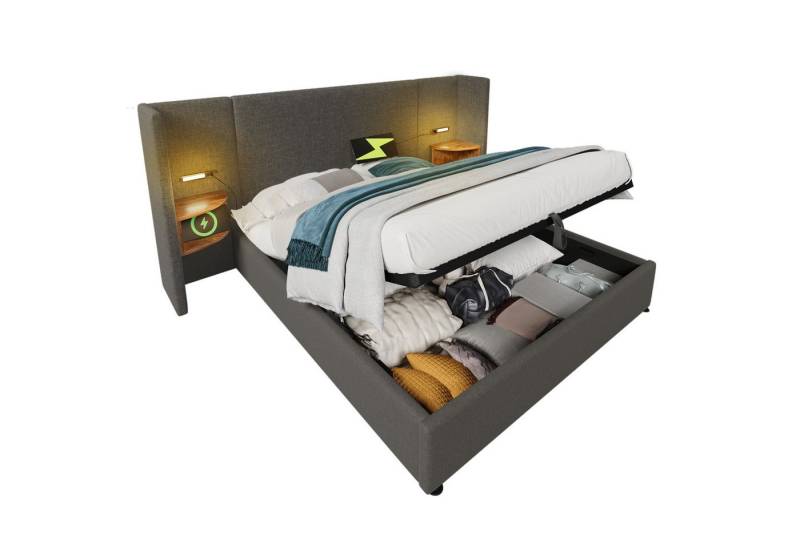 Gotagee Polsterbett Stauraumbett 160x200cm Mit Matratze Leselampe Jugendbett Doppelbett, Bettgestell mit Lattenrost aus Massivholz und Metall von Gotagee