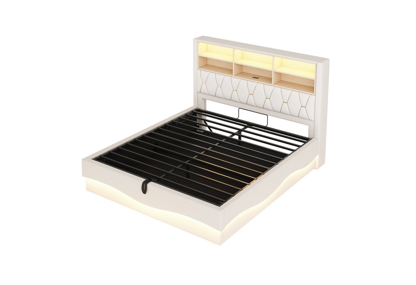 Gotagee Polsterbett Stauraumbett 180x200cm Flachbett Bettgestell Doppelbett Jugendbett, APP-gesteuertes LED-Lichtband USB-Ladeanschluss von Gotagee