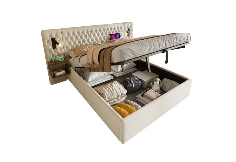 Gotagee Polsterbett Stauraumbett Doppelbett 160x200cm mit 2 Nachttisch Jugendbett mit USB, mit 2 Nachttischen, Kopfteil Leselicht mit USB Ladefunktion von Gotagee