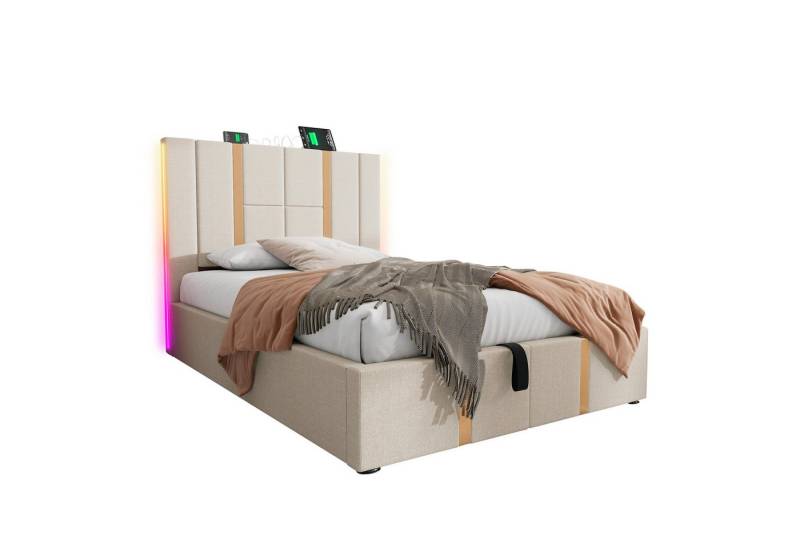 Gotagee Polsterbett USB Typ C Ladefunktion APP-Steuerung 90×200 Beige mit Matratze, Stauraumbetten von Gotagee