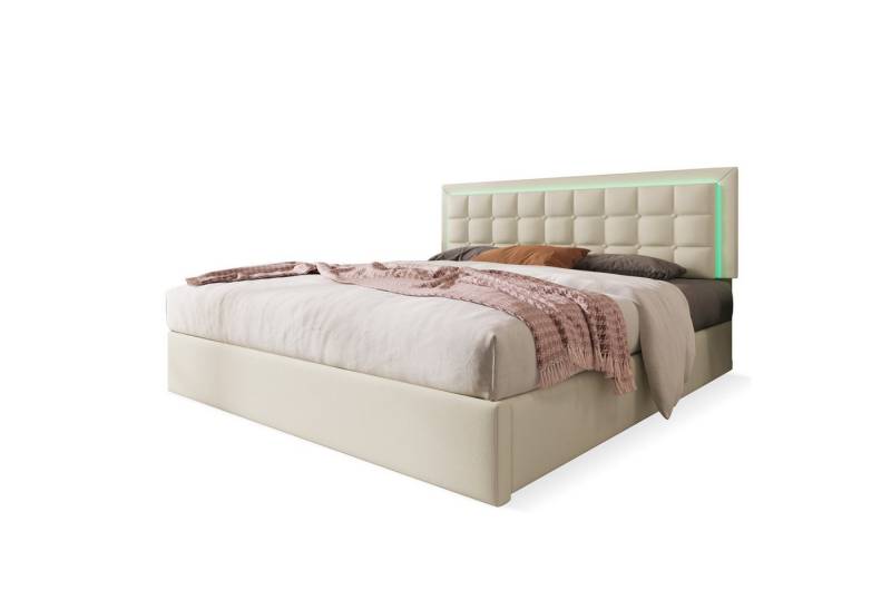 Gotagee Polsterbett mit Stauraum+LED Kunstleder Stauraumbett Flaches Bett Doppelbett Weiß von Gotagee