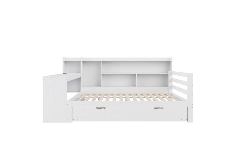 Gotagee Schlafsofa 140x200cm Massivholz-Polsterbett Multifunktionales Doppelbett aus Holz, Mit Steckdosen, Ausziehbarem Bett Unter Dem Bett von Gotagee