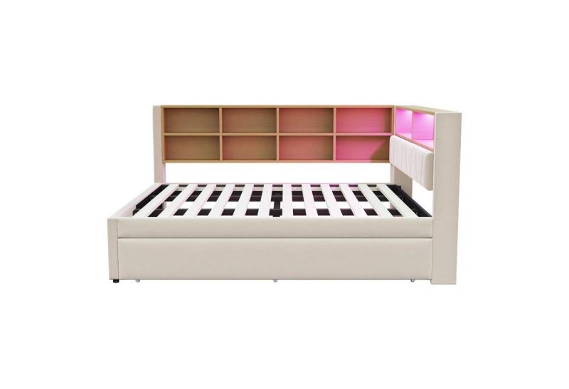 Gotagee Schlafsofa Polsterbett 140x200 Ausziehbett 90x190 Einzelbett mit LED Leuchten, ausgestattet mit LED Leuchten, Steckdosen und vielen Ablagefächern von Gotagee