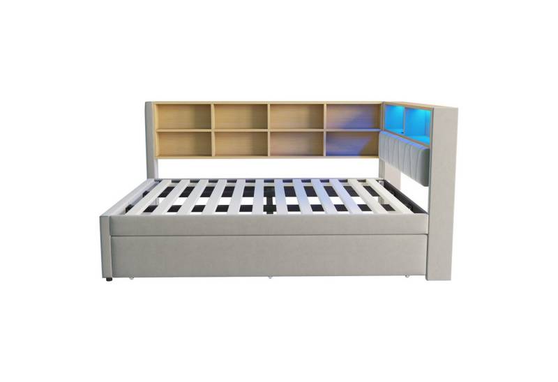 Gotagee Schlafsofa Polsterbett 140x200 Ausziehbett 90x190 Einzelbett mit LED Leuchten, ausgestattet mit LED Leuchten, Steckdosen und vielen Ablagefächern von Gotagee