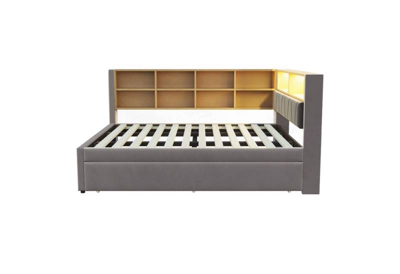 Gotagee Schlafsofa Polsterbett 140x200 Ausziehbett 90x190 Einzelbett mit LED Leuchten, ausgestattet mit LED Leuchten, Steckdosen und vielen Ablagefächern von Gotagee