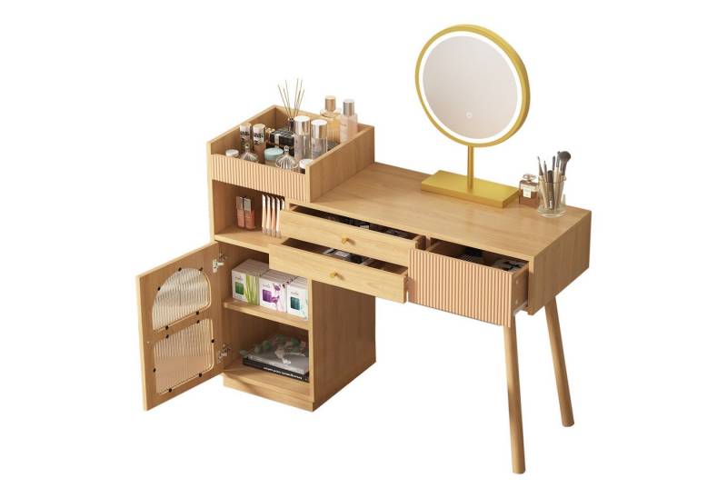 Gotagee Schminktisch Kommode-Set Kosmetiktisch mit LED-Spiegel Seitenschrank Natur von Gotagee