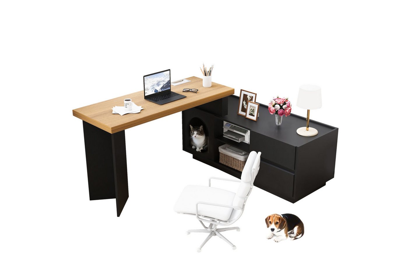 Gotagee Schreibtisch Eckschreibtisch Ablagetisch Beistelltisch Sideboard mit Tierhaus, Eckschreibtisch für Home Office mit XL-Tierhöhle Gotagee Schreibtisch Eckschreibtisch Ablagetisch Beistelltisch Sideboard mit Tierhaus, Eckschreibtisch für Home Office mit XL-Tierhöhle von Gotagee