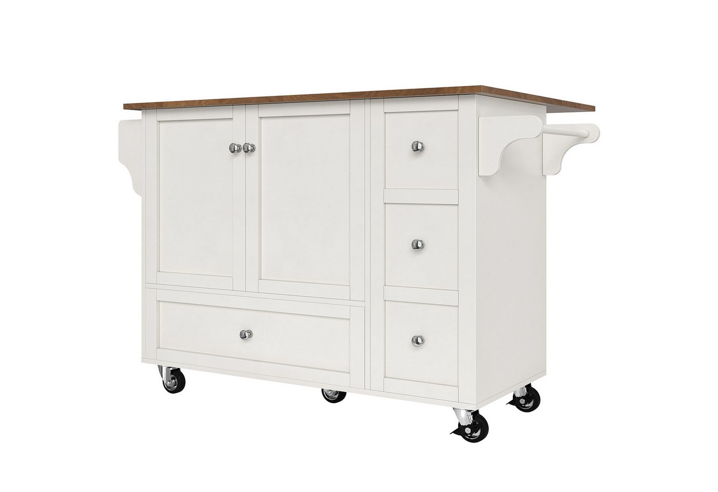 Gotagee Servierwagen Küchenwagen Esswagen mit Arbeitsplatte Bewegliches Küchenbuffet Weiß, Tischplatte mit Holzmaserung mit Handtuchhalter und Gewürzregal von Gotagee