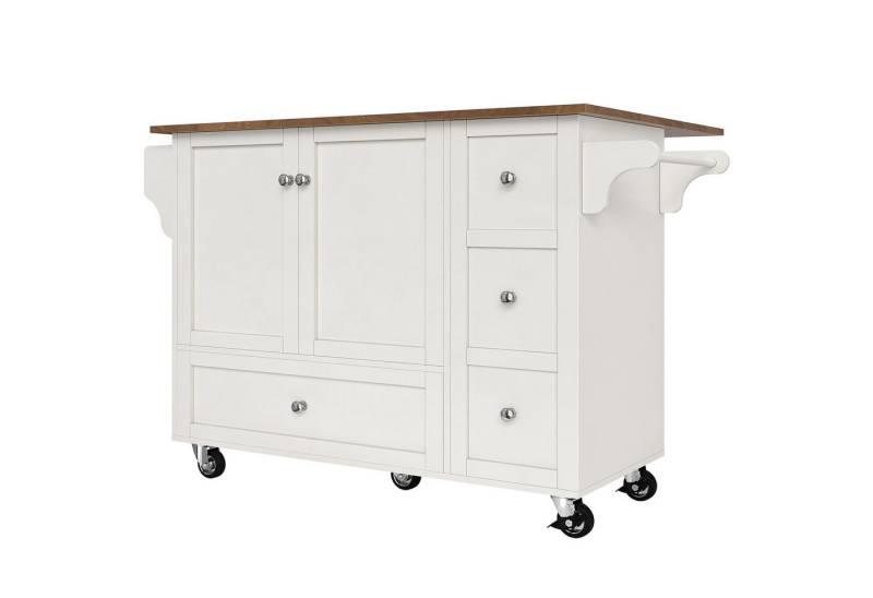 Gotagee Servierwagen Küchenwagen Esswagen mit Arbeitsplatte Bewegliches Küchenbuffet Weiß, Tischplatte mit Holzmaserung mit Handtuchhalter und Gewürzregal von Gotagee