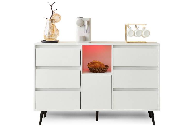 Gotagee Sideboard 120x40x80cm-Modernes weißes Sideboard mit LED-Beleuchtung, 6 geräuschlosen Schubladen, für Küchen, Ess- und Wohnbereiche von Gotagee