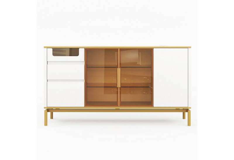 Gotagee Sideboard Eleganter Schrank 150x40x80cm moderner Lagerschrank Buffetschrank, Moderner Stauraumschrank mit Glas- und Holzfächern von Gotagee