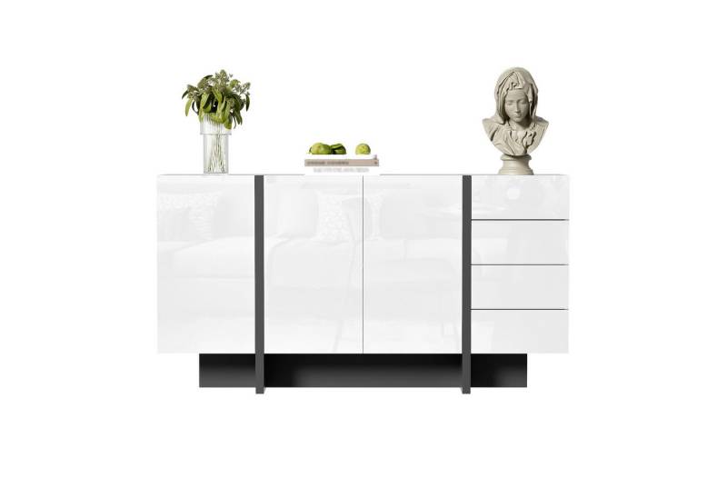 Gotagee Sideboard Hochglanz Schließfach Anrichte Wohnzimmerschrank Beistellschrank Weiß, Anrichte mit 2 Türen und 4 Schubladen, leicht zu reinigen von Gotagee