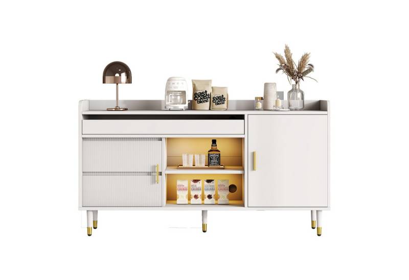 Gotagee Sideboard Kommode Buffetschrank Glasschiebetüren Küchenmöbel LED Anrichte Weiß, Freistehende Kommode aus Holz von Gotagee
