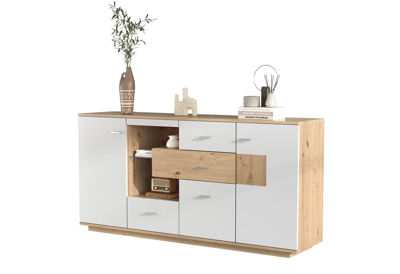Gotagee Sideboard Wohnzimmermöbel Seitenschrank Organizer Kommode Mehrzweckschrank Weiß, 2 Türen 4 Schubladen Glasablage mit LED-Beleuchtung Gotagee Sideboard Wohnzimmermöbel Seitenschrank Organizer Kommode Mehrzweckschrank Weiß, 2 Türen 4 Schubladen Glasablage mit LED-Beleuchtung von Gotagee